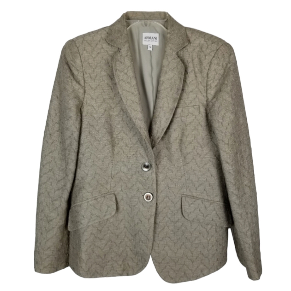 Vtg Armani Collezioni Womens Silk Blend Blazer Size 10 Textured Tan Two Button